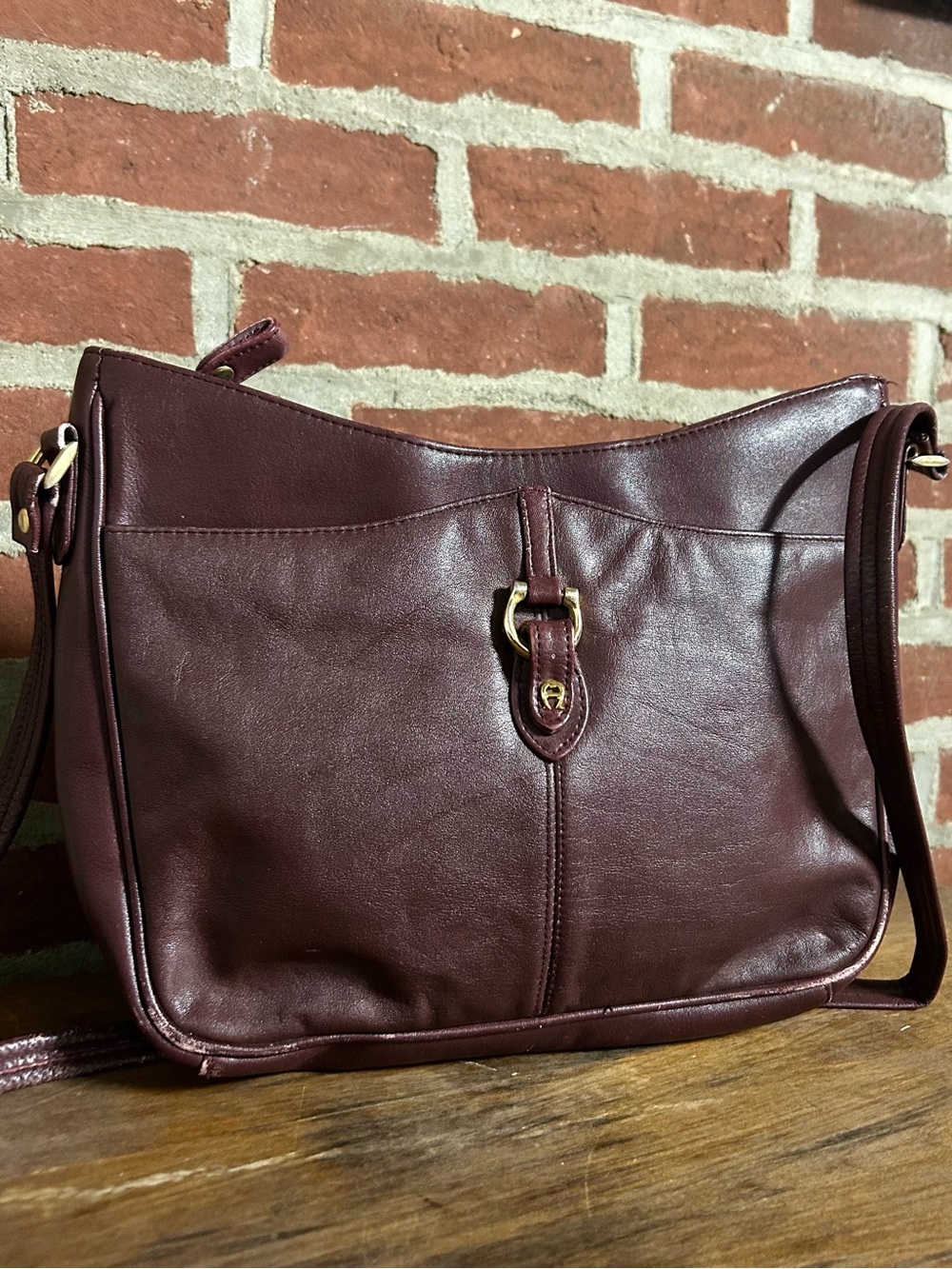 Etienne Aigner Leather Crossbody Bag Purple Eggplant Classic Medium Size Purse